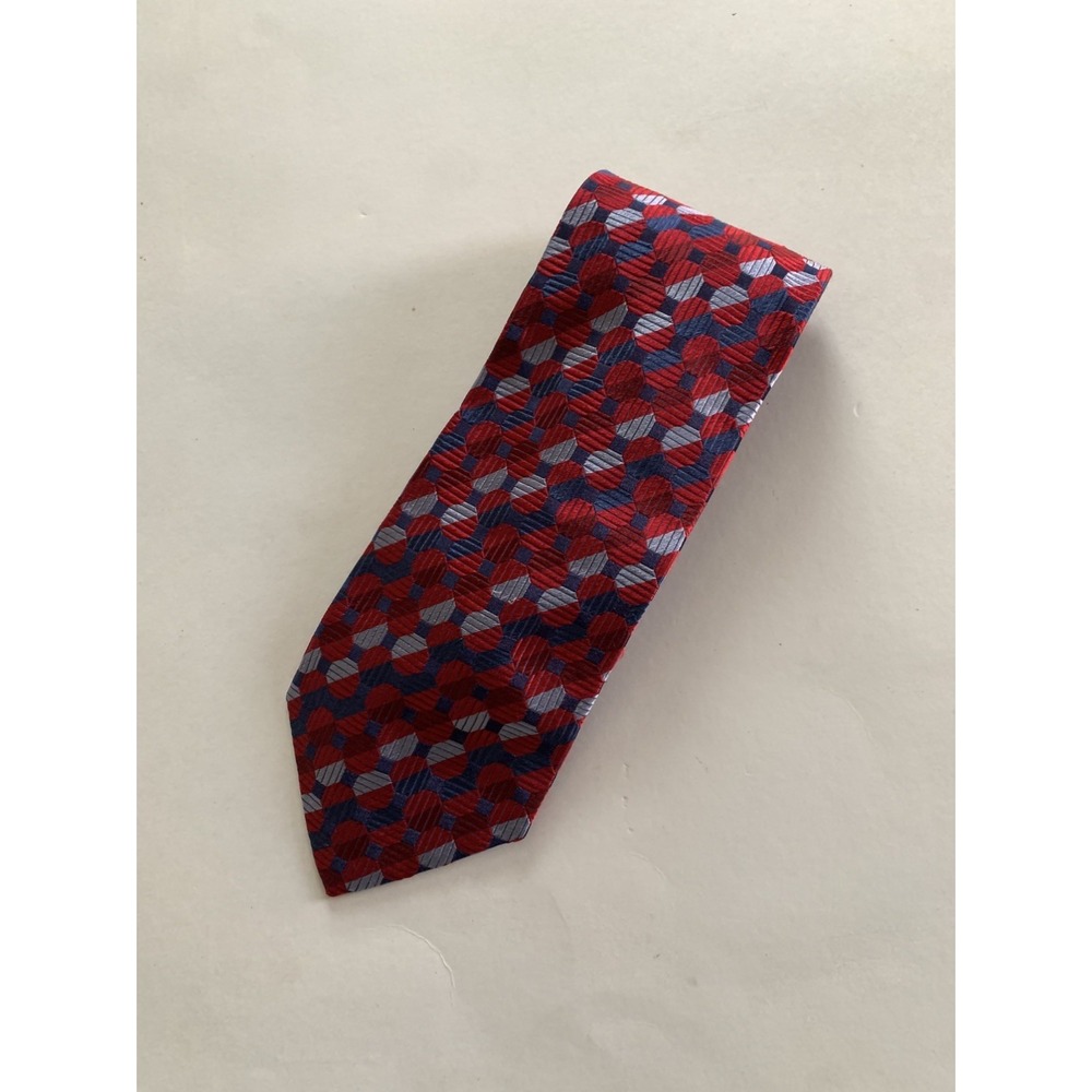 XMI Platinum Tie Red Blue Geometric Italian Silk Handmade USA 59 x 3.5